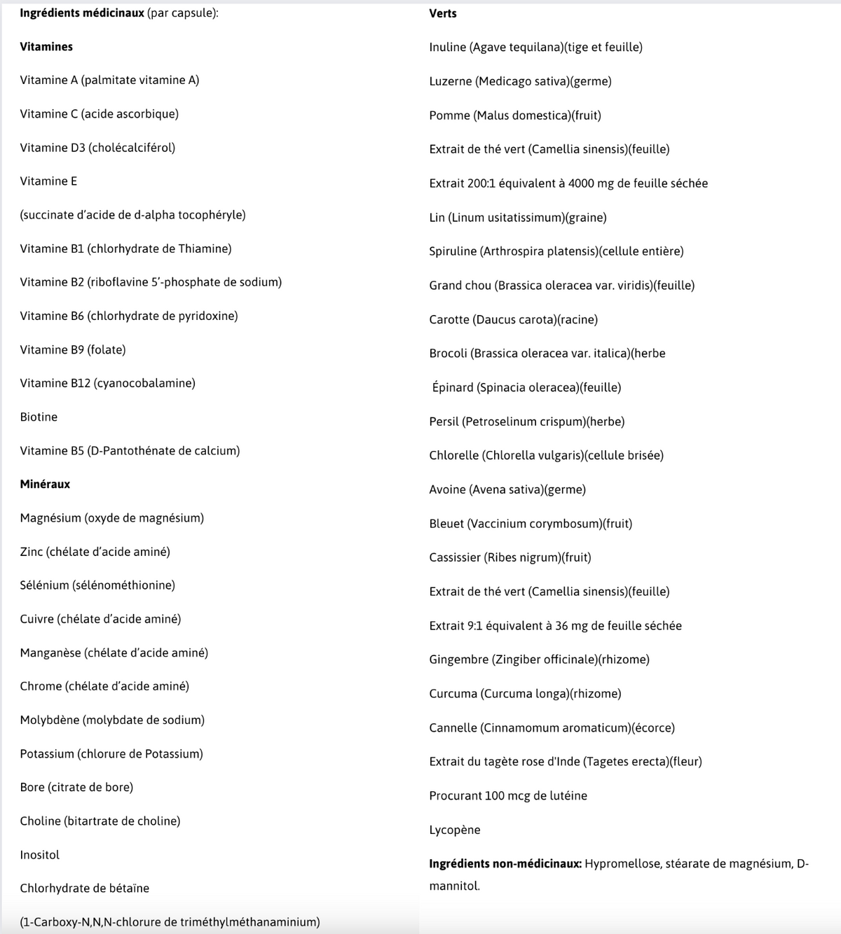 Informations Nutritionnelles